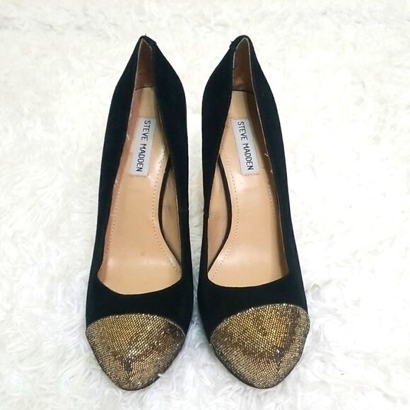 Steve Madden Black Suede Heels W Gold Tip size 10 - Picture 3 of 10